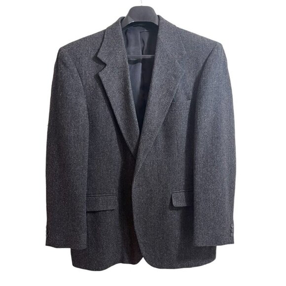 Haggar Men's Blazer Jacket 44L Charcoal Gray Wool Herringbone Made in USA - Picture 2 of 15